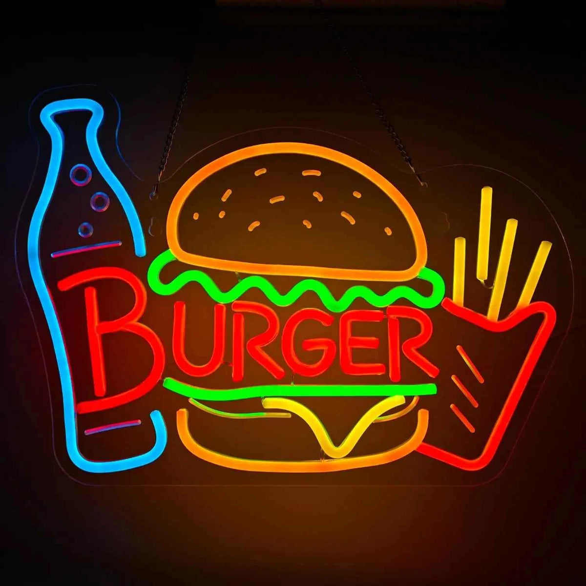 Retro Dimmable Burger & Fries Neon Sign β Fast Food LED Light for Restaurant, Snack Bar, Party Wall Decor, USB Powered