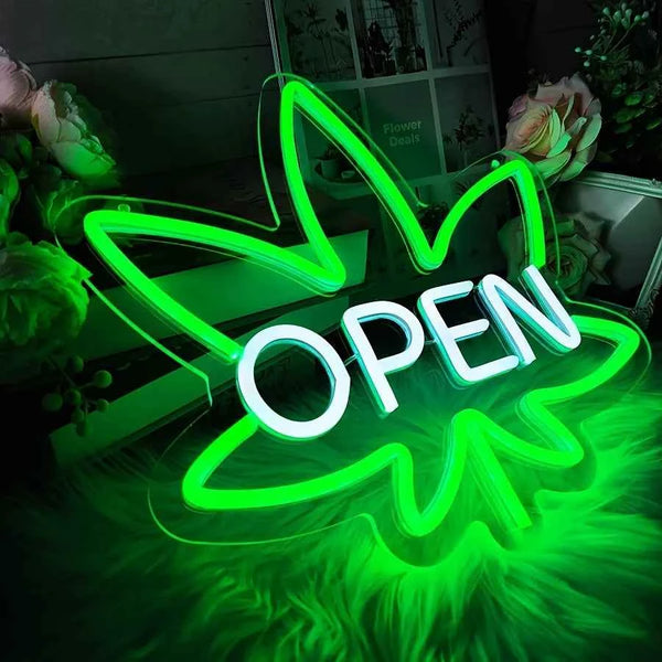 1pc Green Leaf Neon Open Sign - USB Powered, Multi-Color LED Neon Sign for Wall Hanging with Switch, Plastic Material, Wireless
