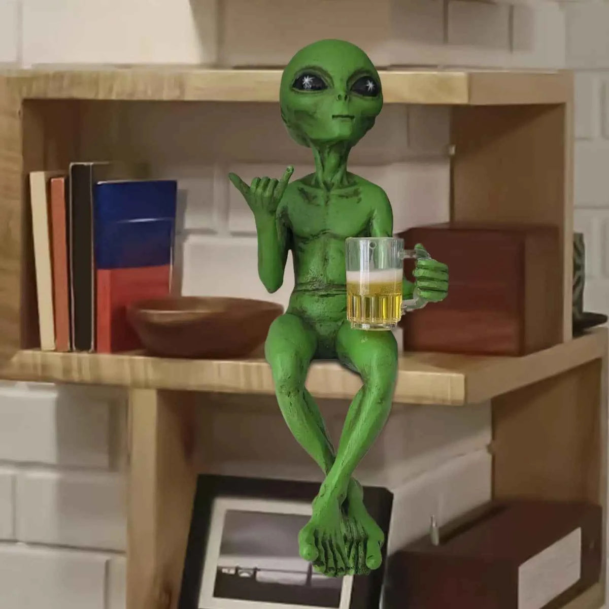 Beer-Drinking Alien Statue - funny resin desk decor