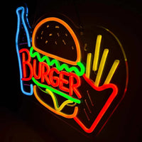 Retro Dimmable Burger & Fries Neon Sign – Fast Food LED Light for Restaurant, Snack Bar, Party Wall Decor, USB Powered