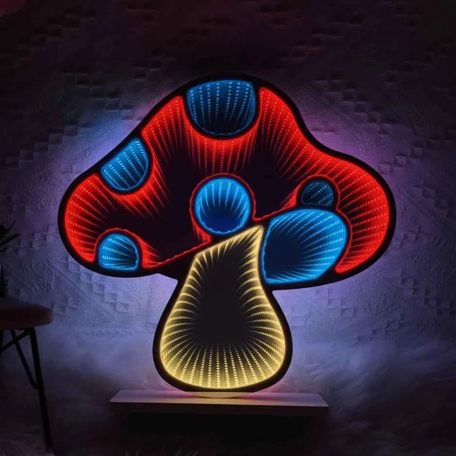 Mushroom Tunnel Mirror Light LED Neon Wall Decor with Push Button Control Red for Home Office Salon Bar Cafe Decorative Lighting
