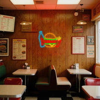Retro Dimmable Burger & Fries Neon Sign – Fast Food LED Light for Restaurant, Snack Bar, Party Wall Decor, USB Powered