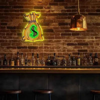 Money Bag with Dollar Sign Neon Sign Motivating LED Wall Light for Home Office Gameroom Bar Decor Wealth Theme Ambiance Lighting