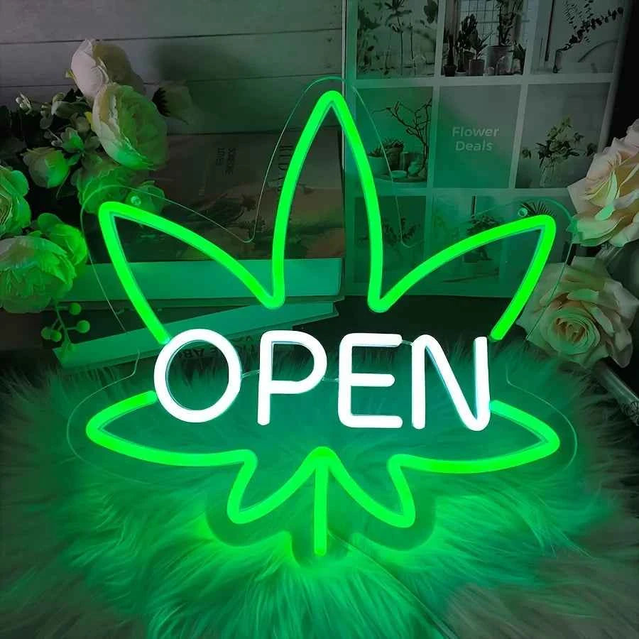 Green Leaf Open LED Neon Sign