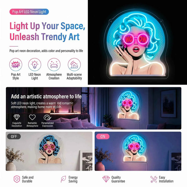 Aesthetic Neon Lights for Room & Wall Decor, Pop Girl WOW Neon Sign, Perfect Graduation & Birthday Gift for Friends, USB Powered