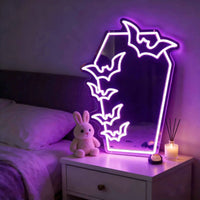 Coffin Bat Mirror Neon Sign Gothic LED Neon Light Coffin Mirror USB Powered for Gothic Room Wall Art Makeup Room Halloween Party