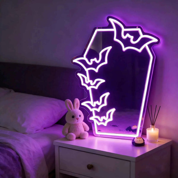 Coffin Bat Mirror Neon Sign Gothic LED Neon Light Coffin Mirror USB Powered for Gothic Room Wall Art Makeup Room Halloween Party