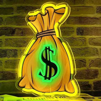 Money Bag with Dollar Sign Neon Sign Motivating LED Wall Light for Home Office Gameroom Bar Decor Wealth Theme Ambiance Lighting