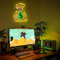 Money Bag with Dollar Sign Neon Sign Motivating LED Wall Light for Home Office Gameroom Bar Decor Wealth Theme Ambiance Lighting