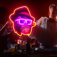 Funky Monkey with Hat Glasses Cigar Neon Sign Purple and Yellow LED Wall Art for Bar Gaming Room Man Cave Artistic Lighting Gift